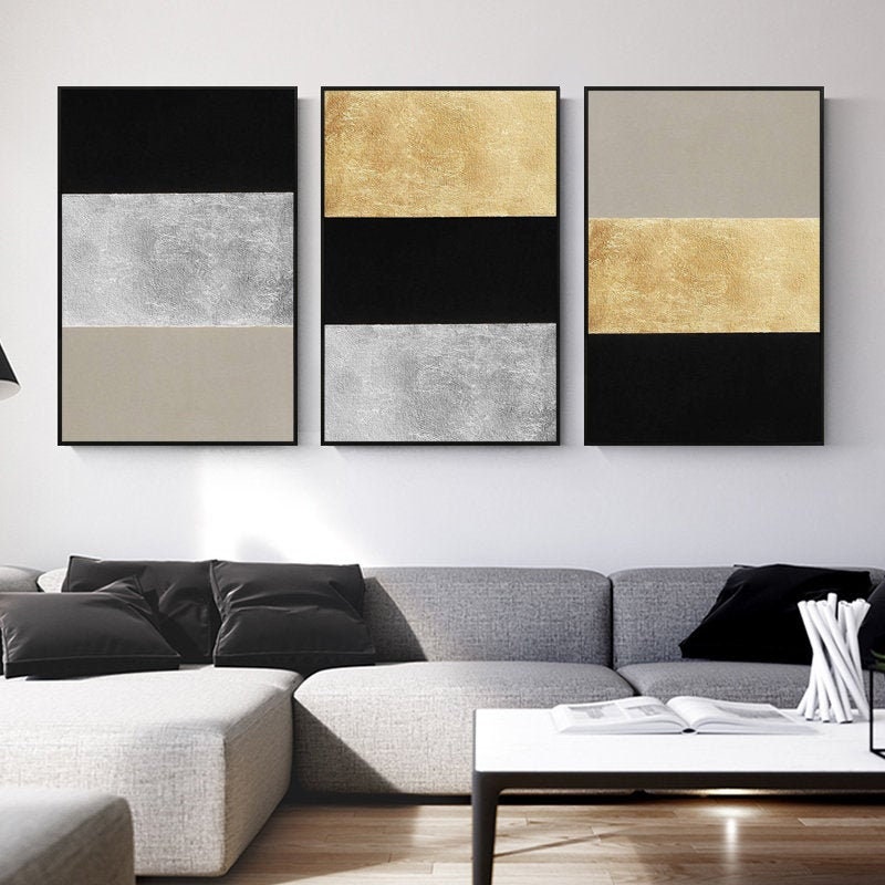 Set Of 3 Wall Art Gold And Silver Abstract Acrylic Uk - Silver And Gold Wall Art Uk
