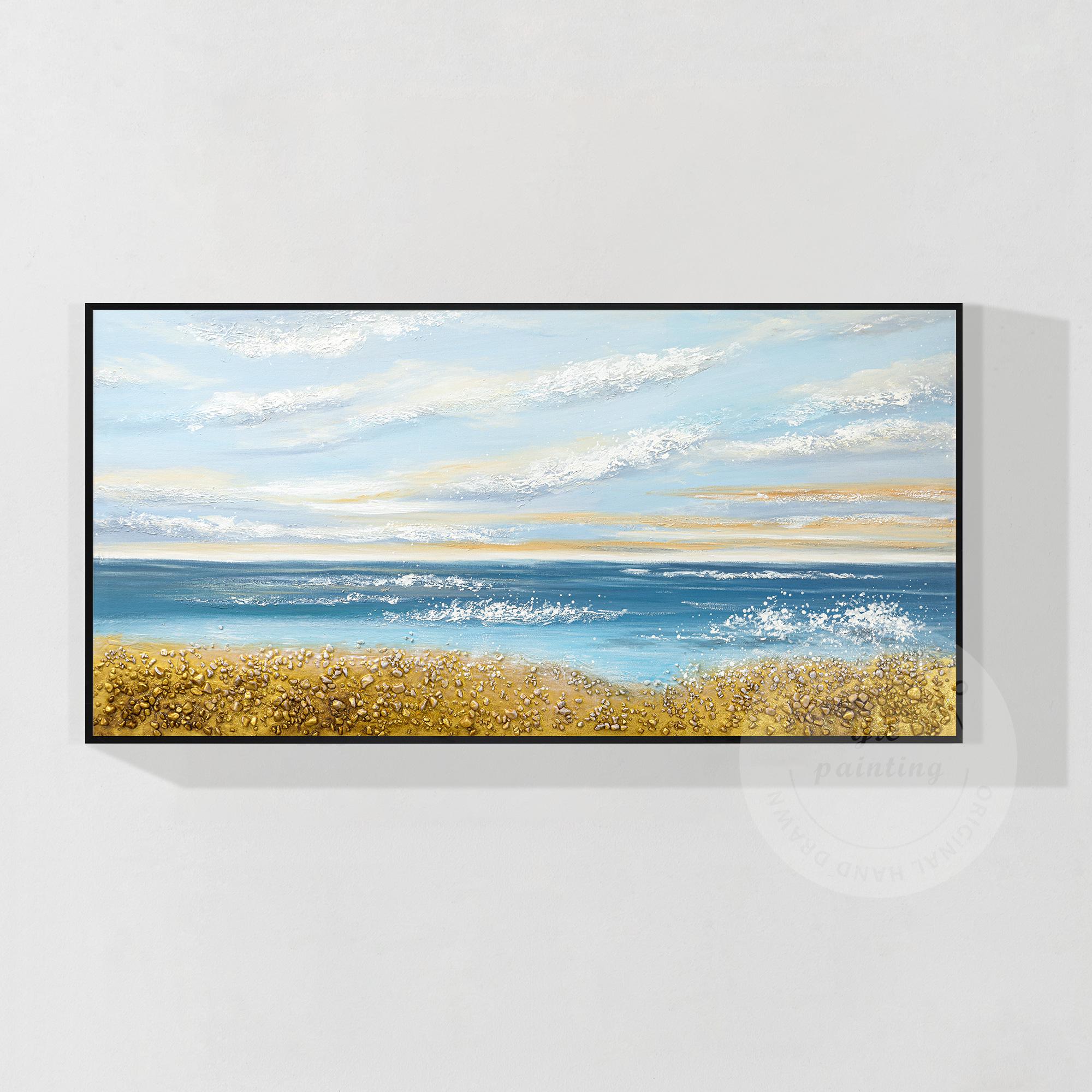 青い海と空、金色の砂浜の海景、キャンバスに描かれたオリジナル絵画