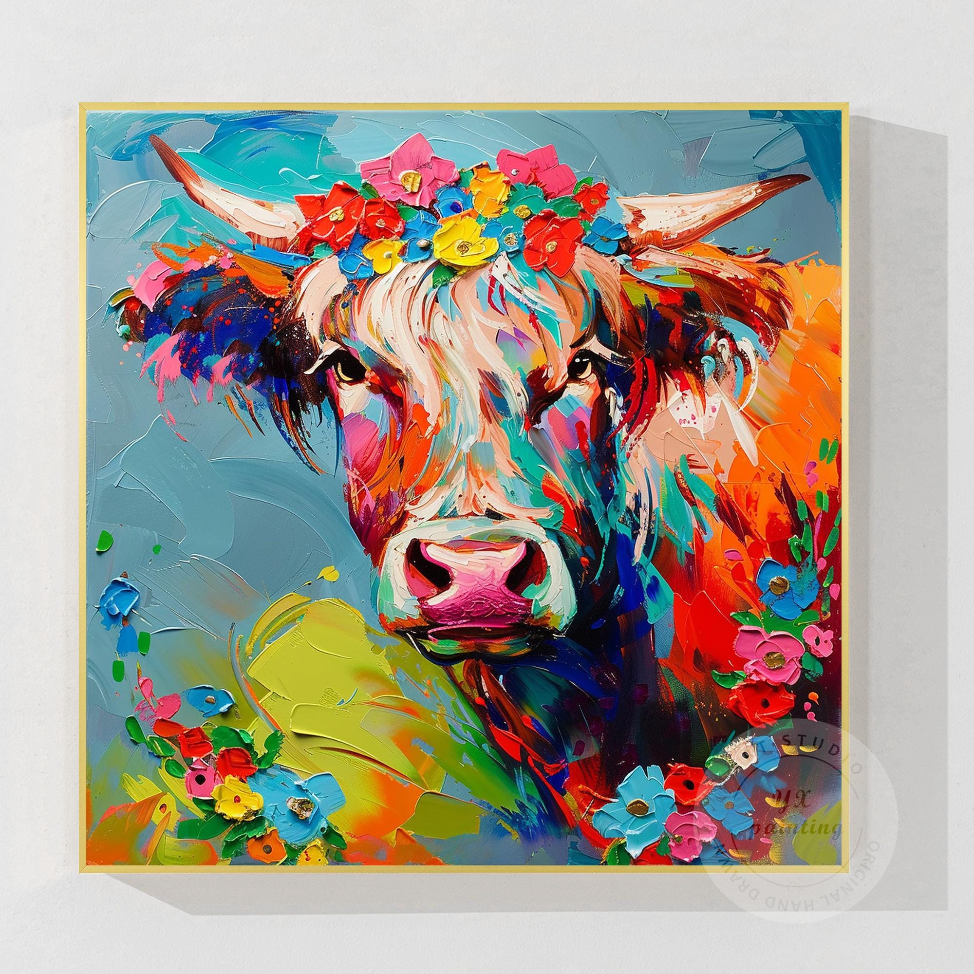 キャンバス 油絵　専用　カラフルCOWS   　5 Colorful Cow Portrait 3D Textured Wall Art | Original Painting on