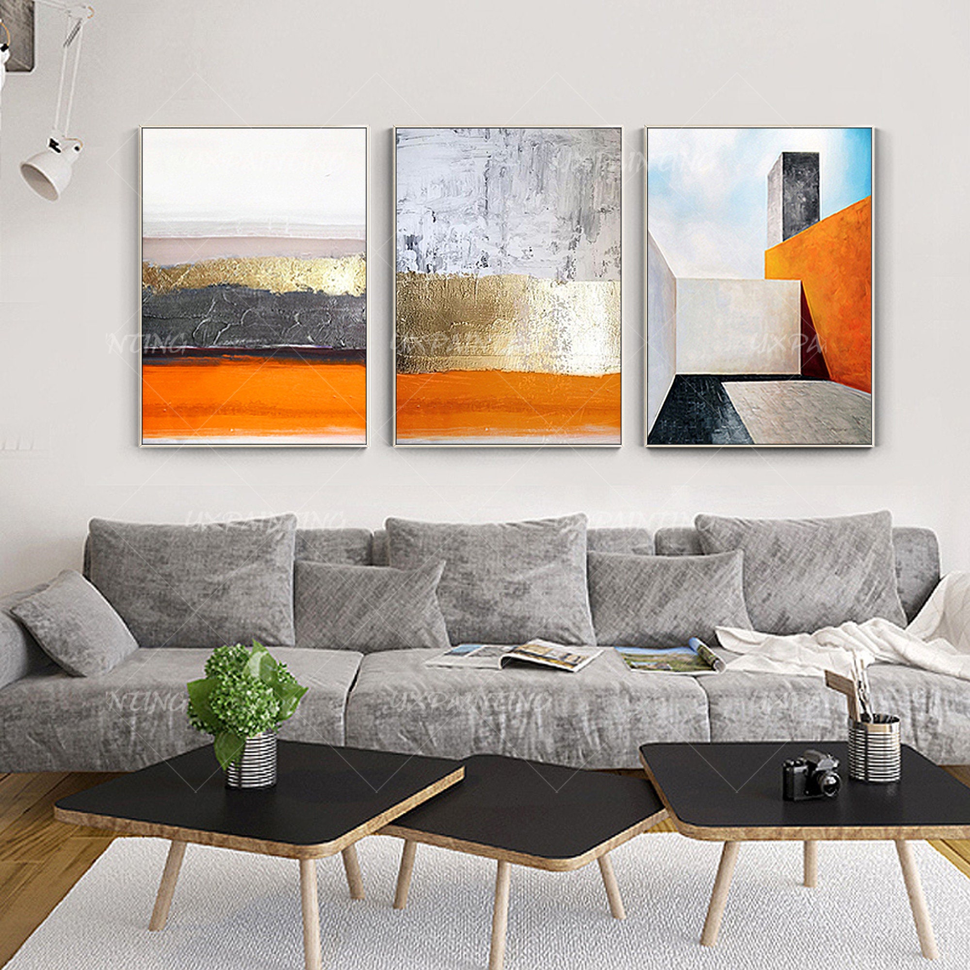 3 Pieces Abstract Painting Gold Leaf Geometric Art Acrylic Paintings on ...