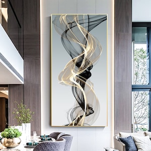 Print canvas Gold Black abstract Swirls Ribbon, Framed printable wall art, living room large oversize huge vertial modern wall art