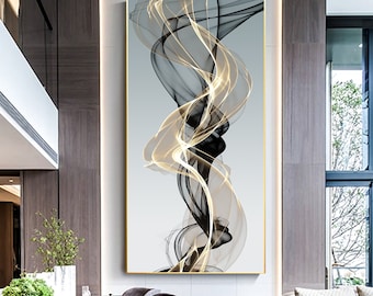 Black Gold Abstract Wall Art Vertical Canvas, Modern Swirl Ribbon Artwork, Luxury Minimalist Home Decor Large Statement Art (Digital Print)
