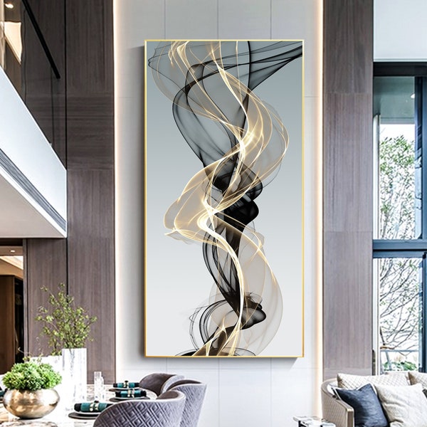 Druck Leinwand Gold Schwarz abstrakt Swirls Ribbon, gerahmt druckbare Wandkunst, Wohnzimmer große übergroße riesige vertikale moderne Wandkunst