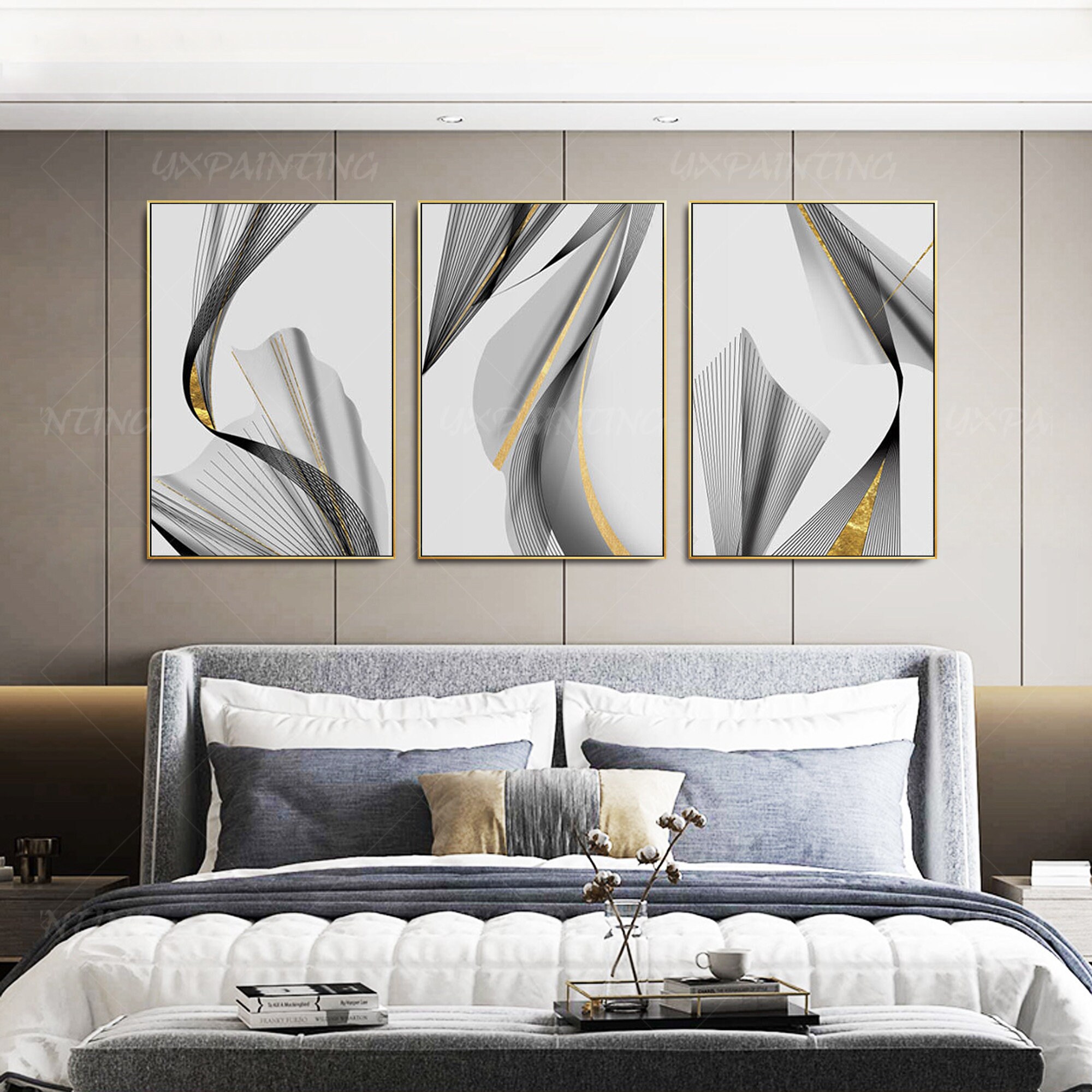 Set of 3 wall art geometric art Gold leaf framed painting Etsy