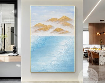 額装された青と金の山の壁画：抽象的な風景画風の壁掛けアート - Etsy 日本