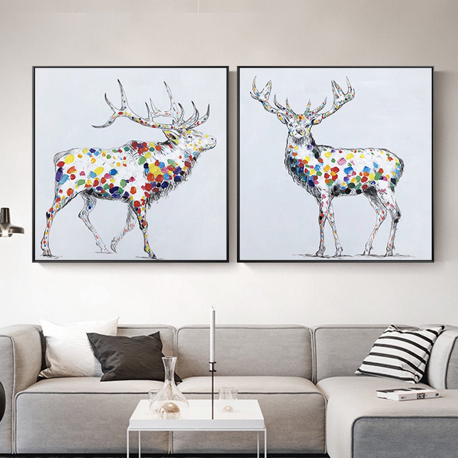 Deer Painting Set of 2 Wall Art Framed Painting Animal Etsy