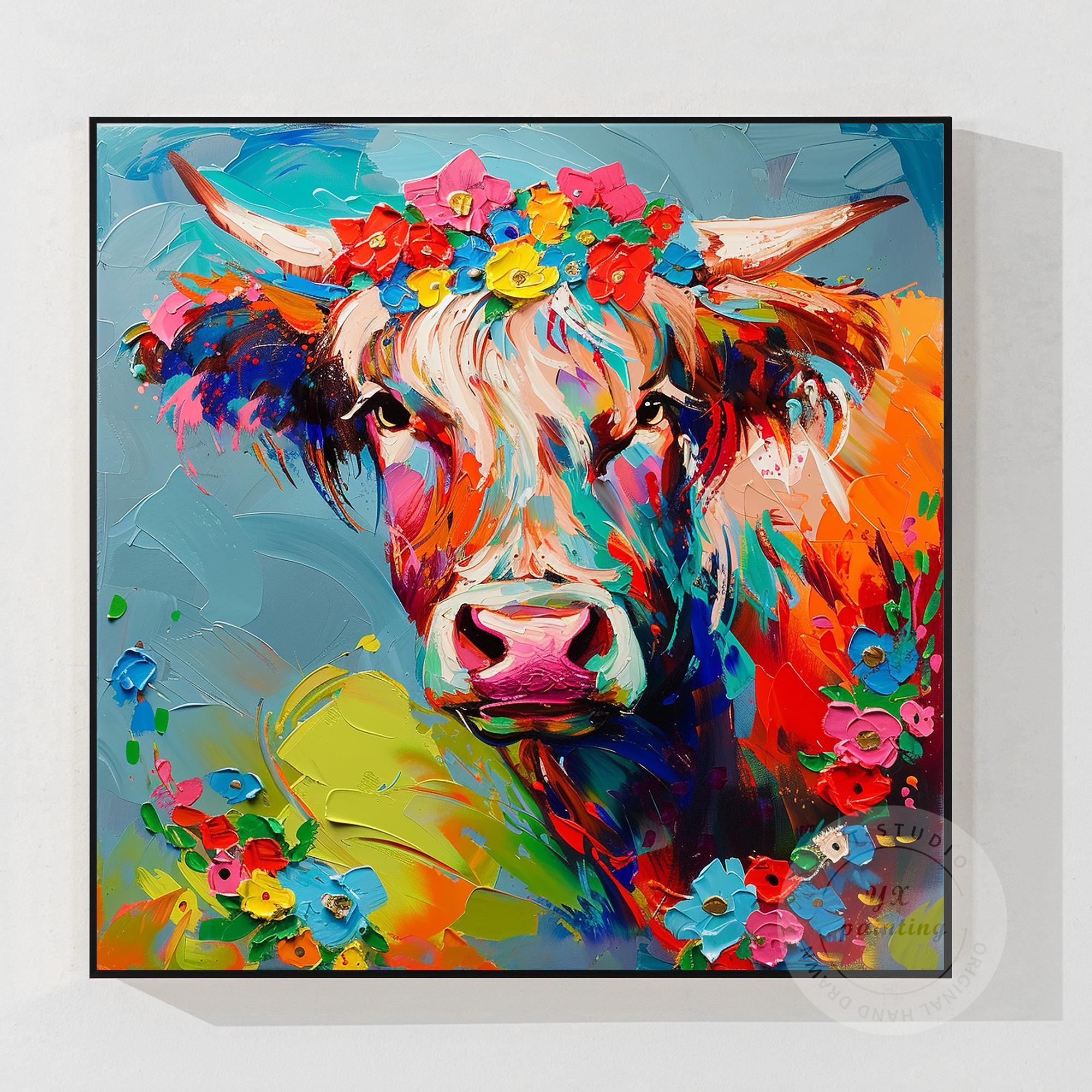 Colorful Cow Portrait 3D Textured Wall Art | Original Painting on