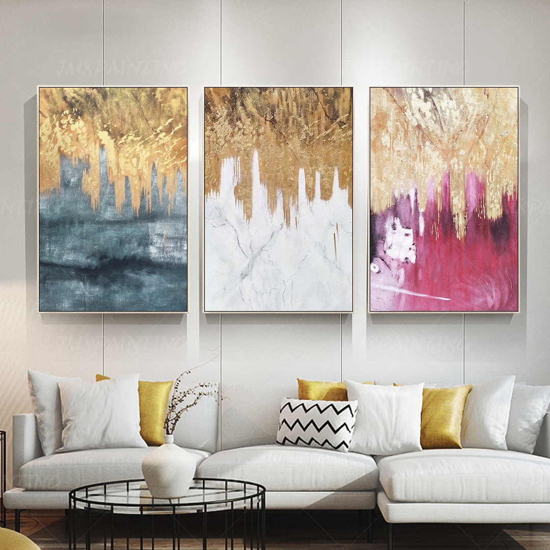 3 Pieces Original Abstract Gold Leaf Waterfall Acrylic Painting on ...
