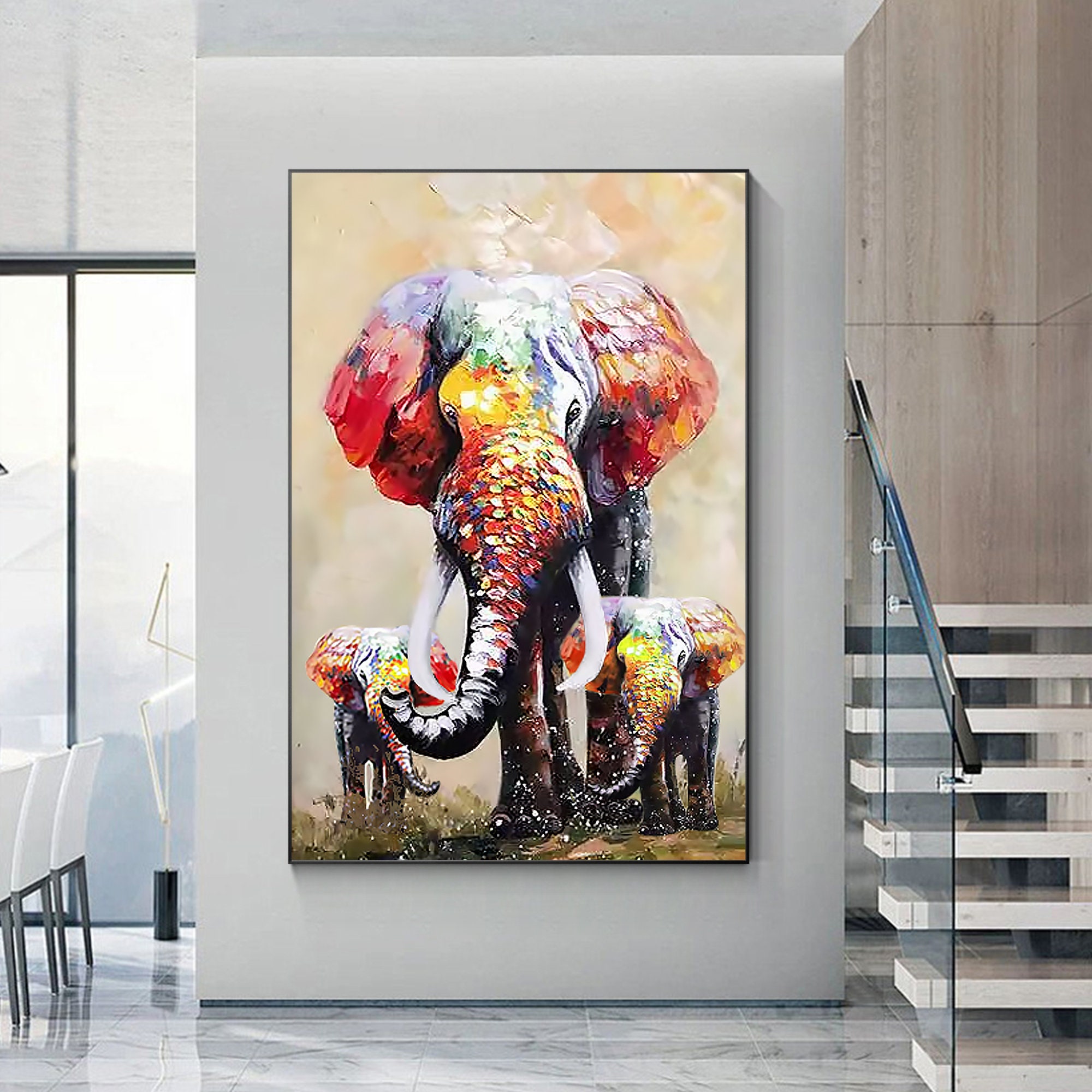 Quadri moderni di elefanti per pareti, opere d'arte, quadri su tela,  quadri, quadri, animali, decorazione della casa, 50x105cm (20x41in) con  cornice
