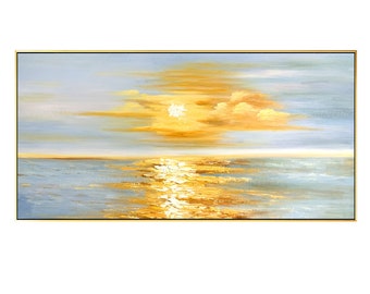 黄金の日の出の壁アート、オリジナルの海景の横長の壁アート（額入り