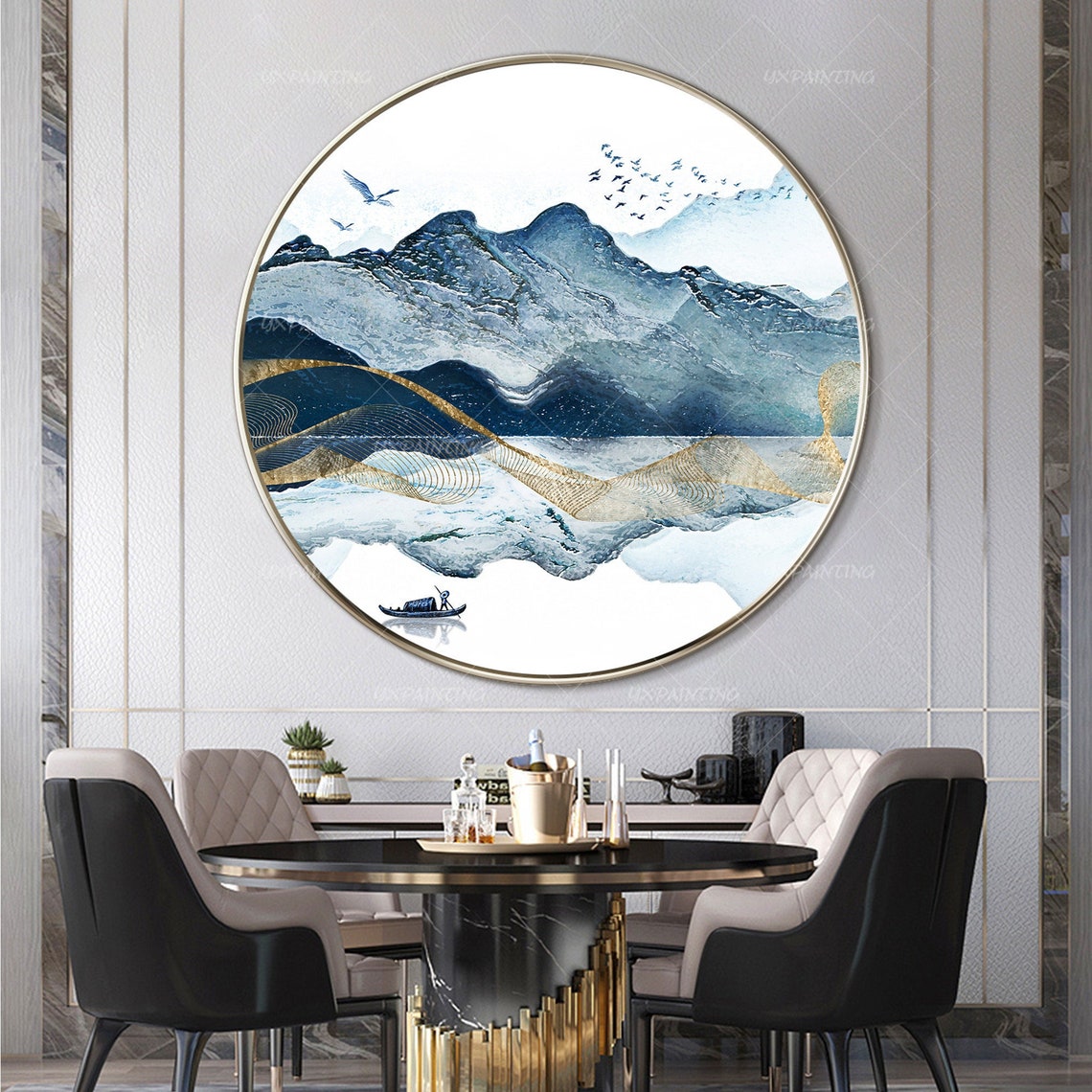 Printable Wall Art Round Framed Prints Abstract Mountain Lake Etsy