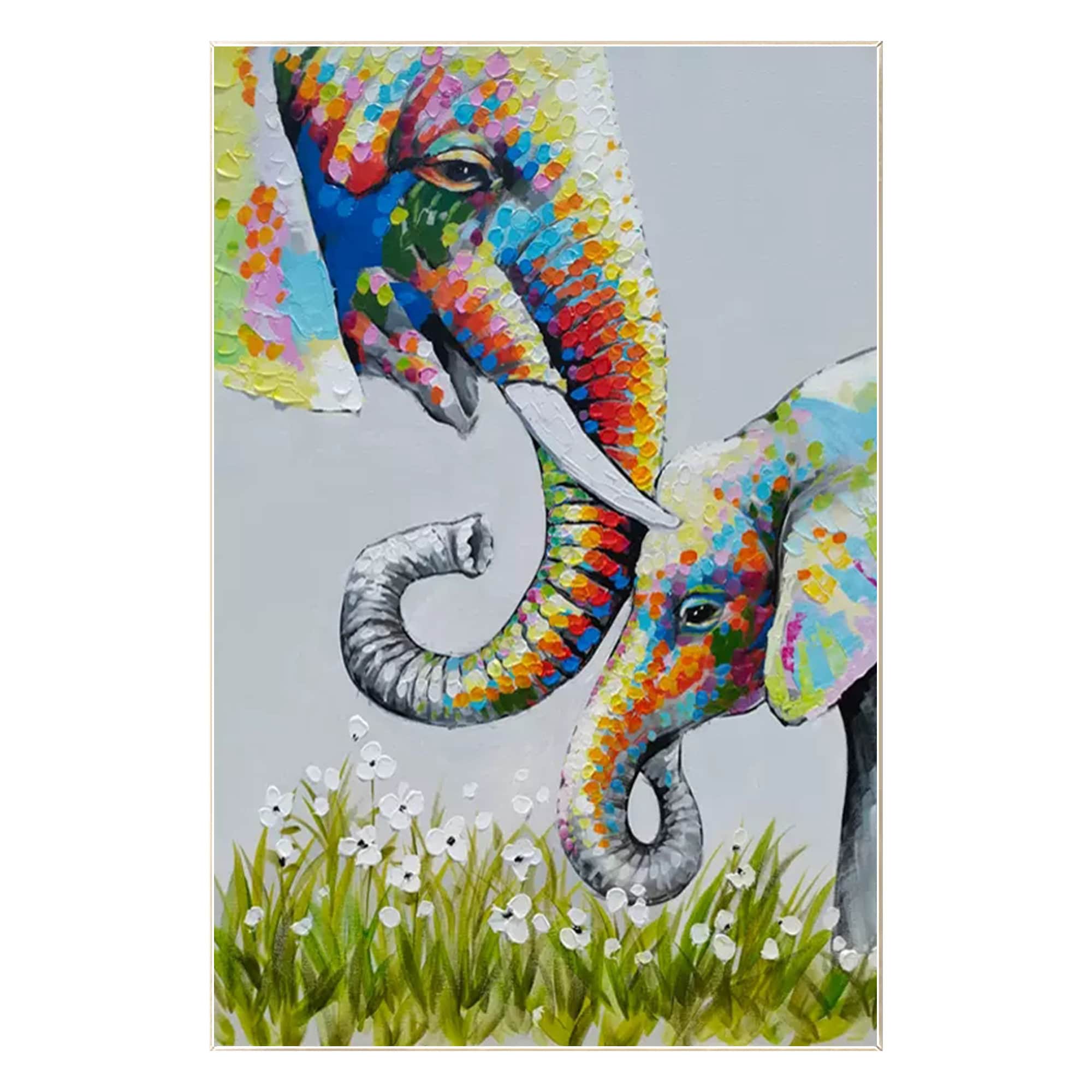 カラフルな象の家族の絵画：テクスチャ加工されたアクリルキャンバスの
