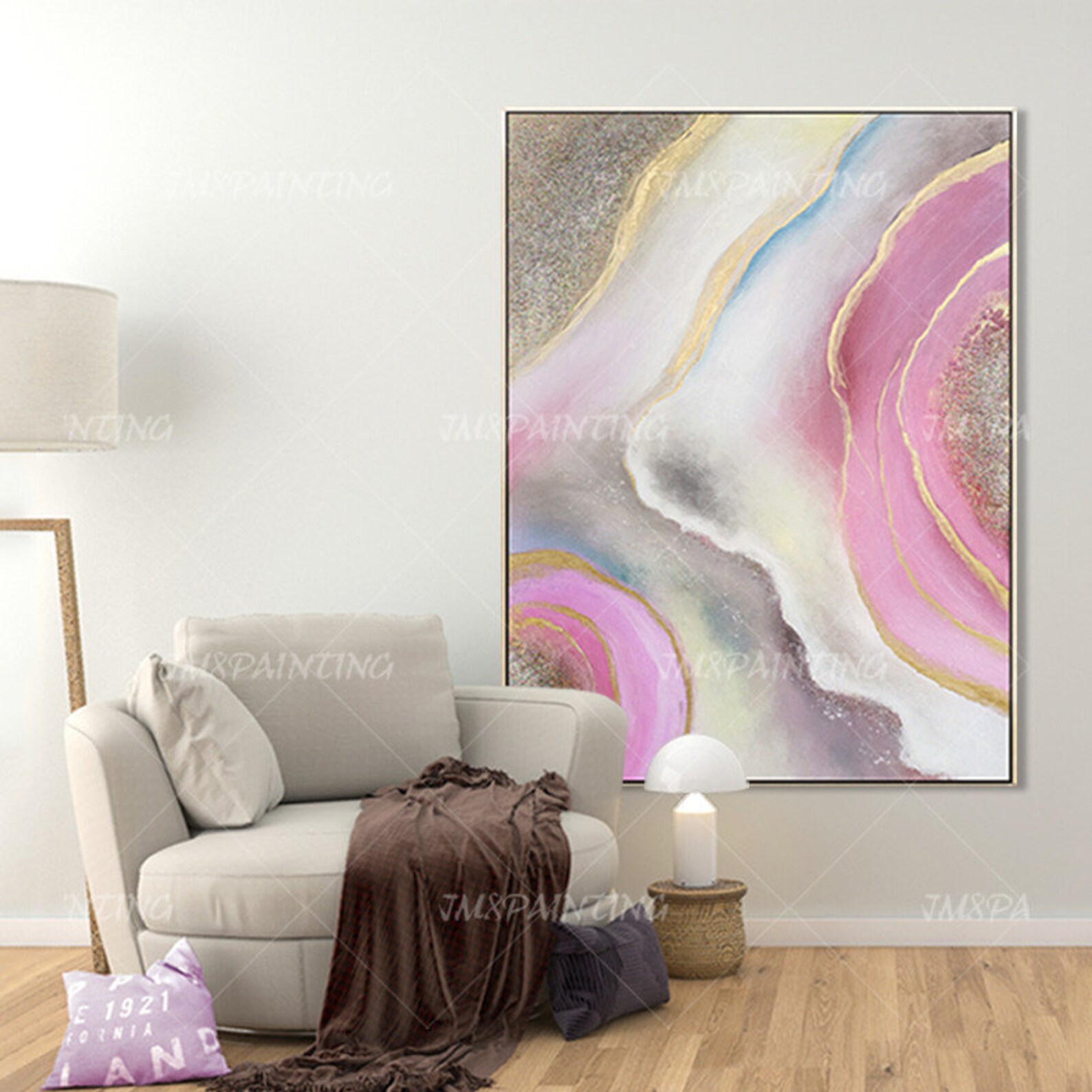 Gold art Abstract Acrylic Paintings On Canvas Pink and white Etsy