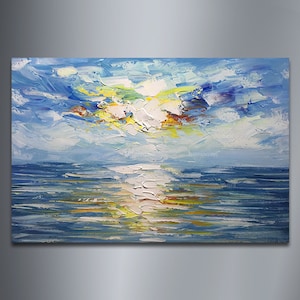 Original Ocean Sea Abstract Acrylic Painting On Canvas Sunrise Seascape Palette knife Extra Large textured Wall Pictures cuadros abstractos
