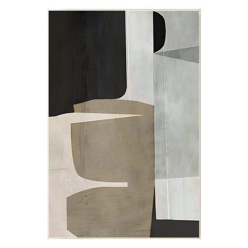 May include: Abstract art print featuring geometric shapes in shades of black, white, and brown. The print has a modern and minimalist aesthetic.