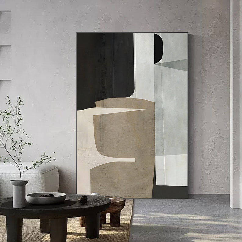 Brown, beige, and black abstract geometric painting on canvas. Minimalist art with organic shapes, extra-large Japanese Wabi Sabi wall decor.