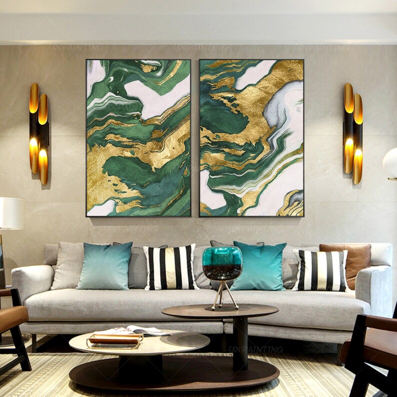Decoración verde esmeralda oro pared arte conjunto de 2 arte | Etsy
