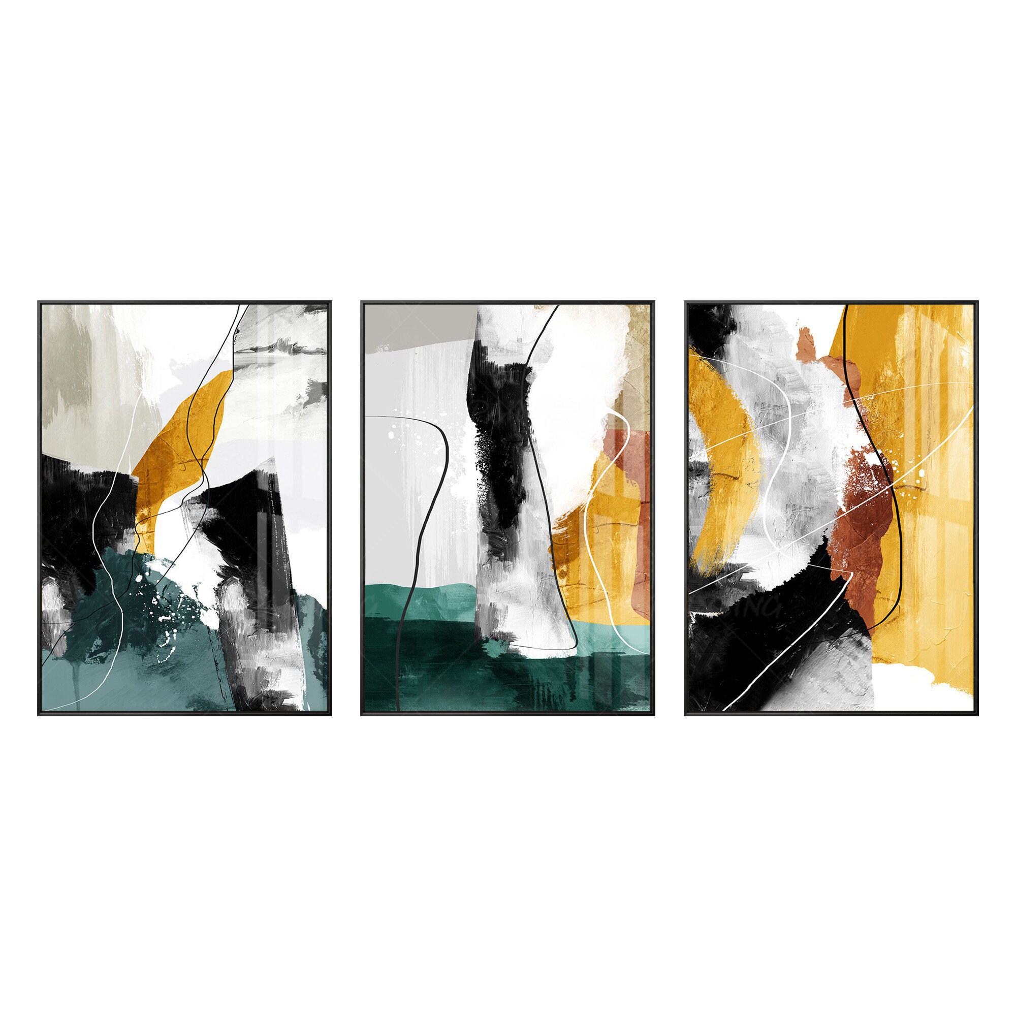 オリジナル3枚セット 抽象的 手作り絵画 黒 白 緑 黄色 大型壁アート
