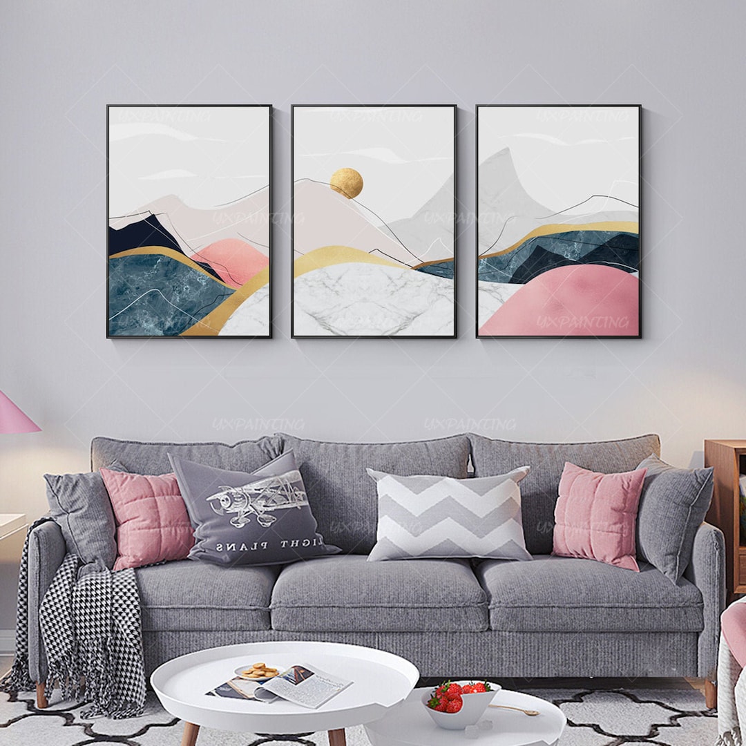 Painting Set Framed Gold Art Coral Pink Stone Large Abstract Mountain ...