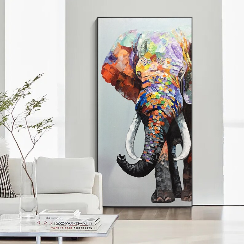 Elephant Painting on Canvas Elephant Wall Art Long Vertical Etsy