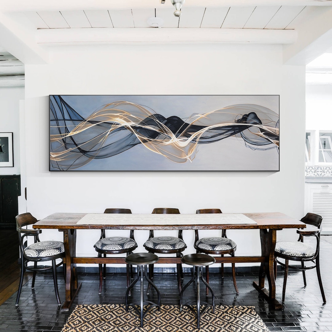 Gray Gold Black Abstract Ribbon Wall Art, Abstract Painting on Canvas