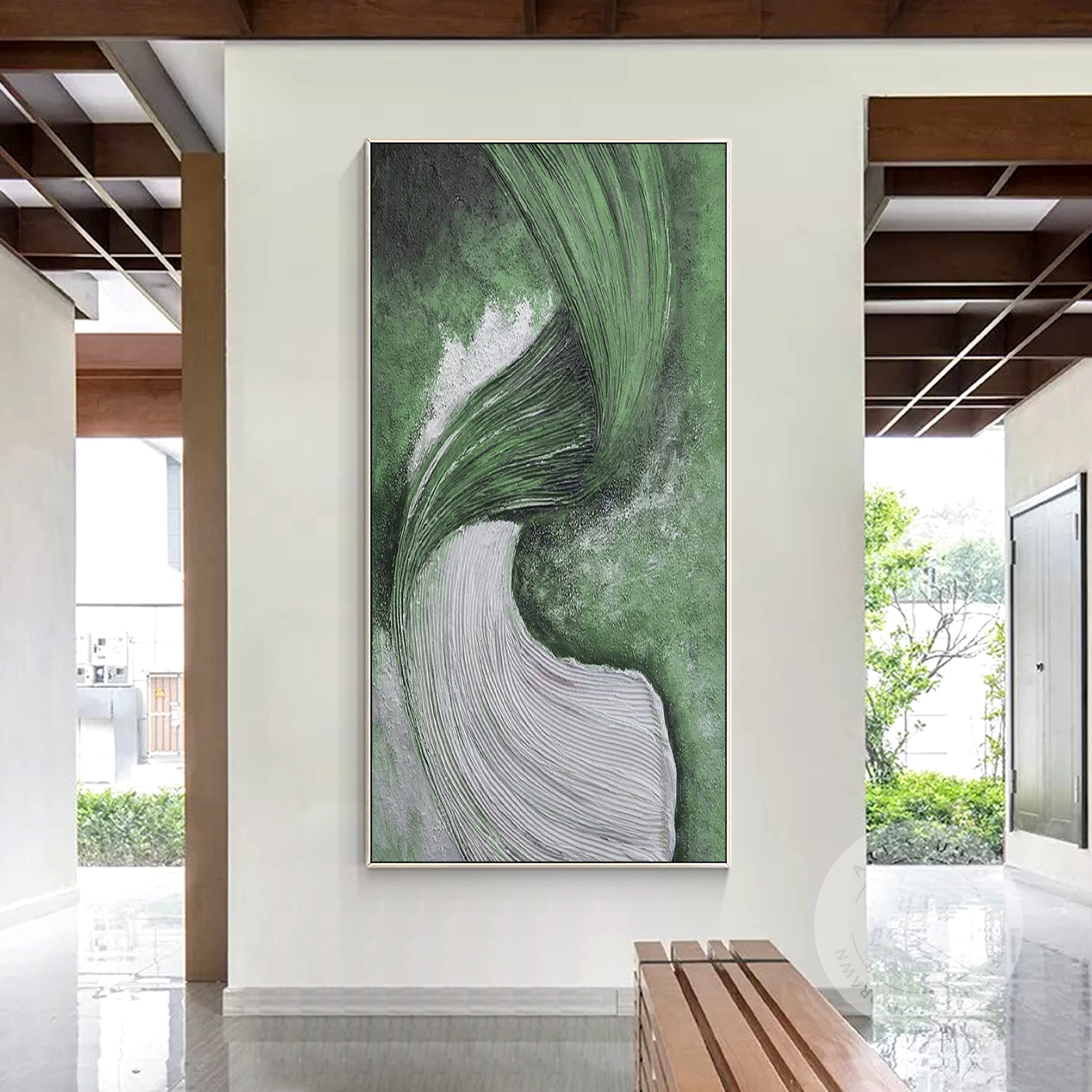 Sage Green Abstract Painting on Canvas: Long Vertical Wall Art - Etsy