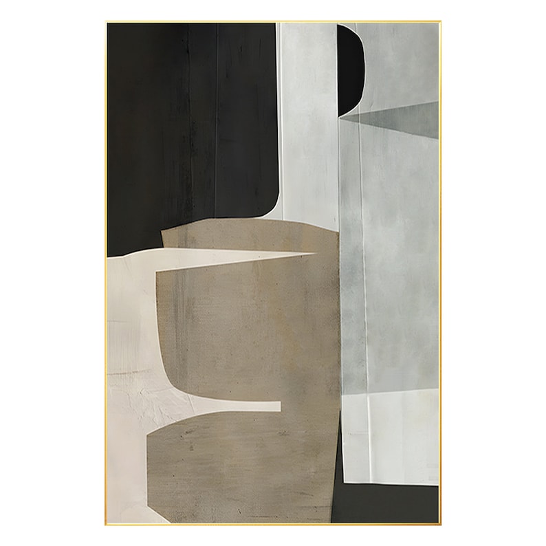 May include: Abstract art print with geometric shapes in shades of black, white, and brown. The print features a large, curved shape in the center, with smaller shapes surrounding it.