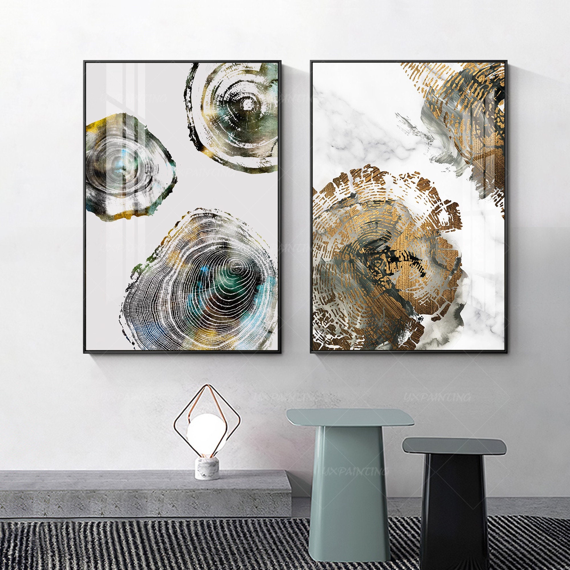 Gold art Framed painting Set of 2 prints art Geometric Etsy