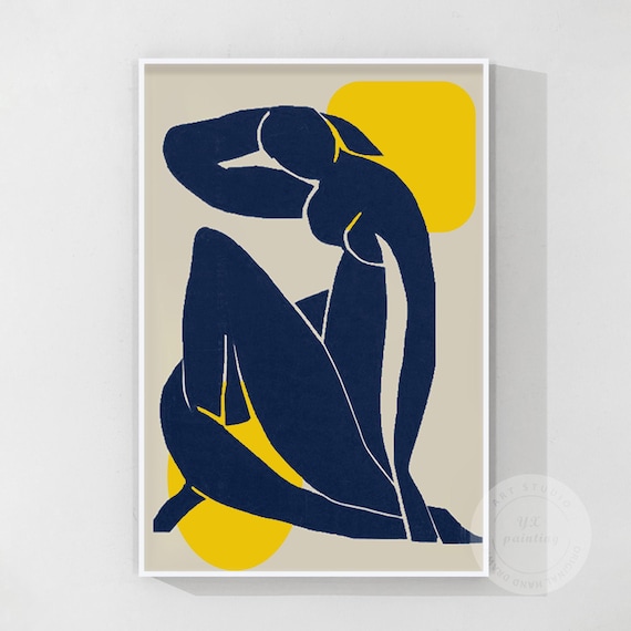 抽象的な女性像の絵画：ネイビーブルーのミニマリストアート - Etsy 日本