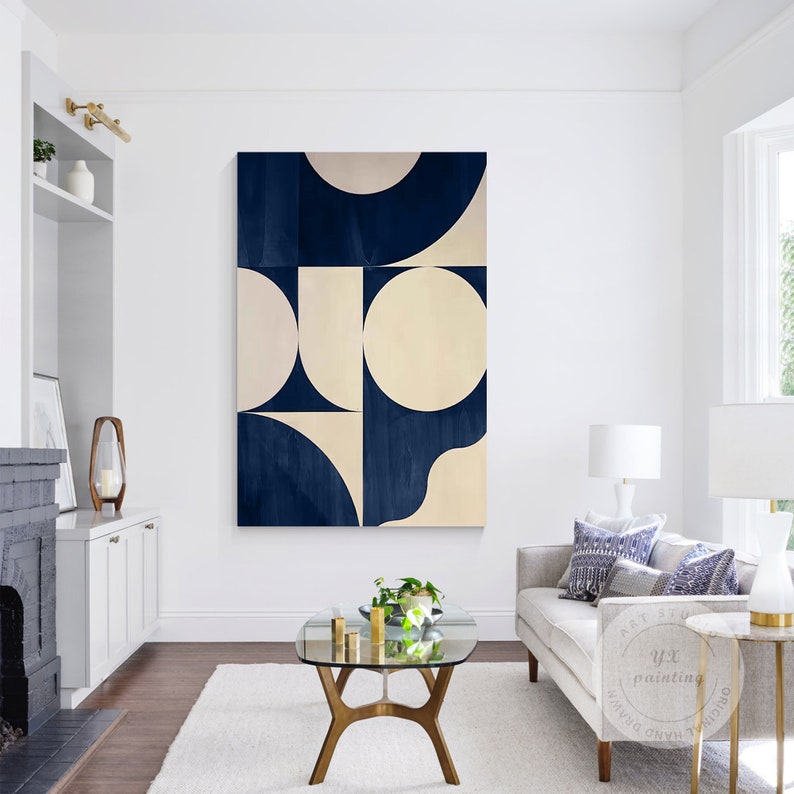 Navy Blue Geometric Abstract Wall Art, Large Minimalist Canvas Painting ...