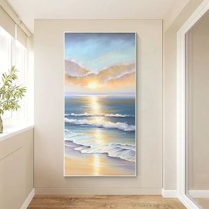 Seascape Sunrise Textured Original Painting on Canvas, Beach Blue Ocean Coastal Painting, Livingroom Vertical Sea Wave Wall Art Decor