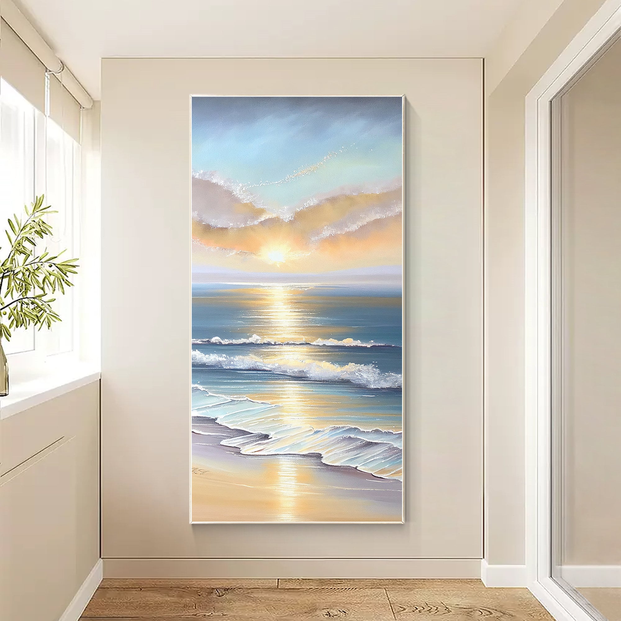 Textured Seascape Sunrise Painting: 3D Coastal Ocean Wave Canvas