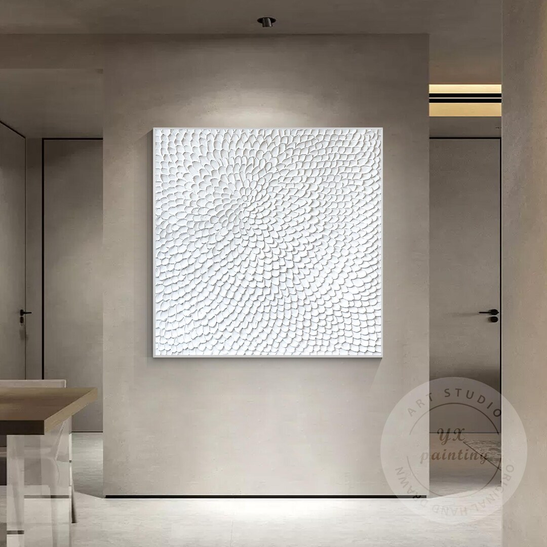 Abstract White 3D Textured Flower Circle Wall Art Original Painting on