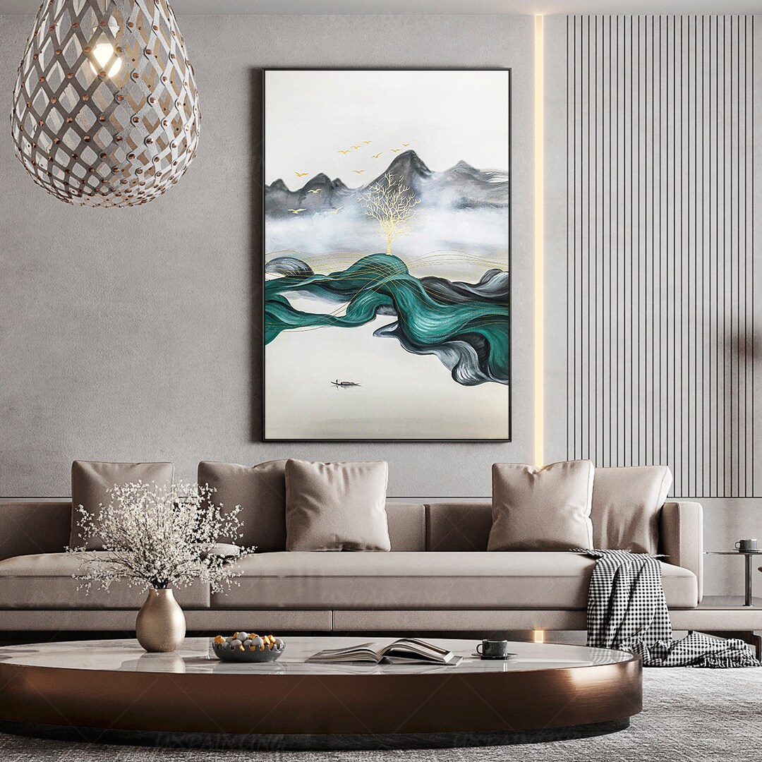 Landscape Painting Framed Wall Art Abstract Painting Mountain Etsy