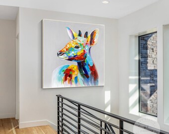 カラフルな鹿の絵：正方形の額入り動物ウォールアート - Etsy 日本