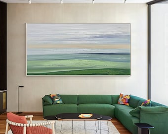 Framed Sage Green Landscape Painting: Abstract Nature Wall Art