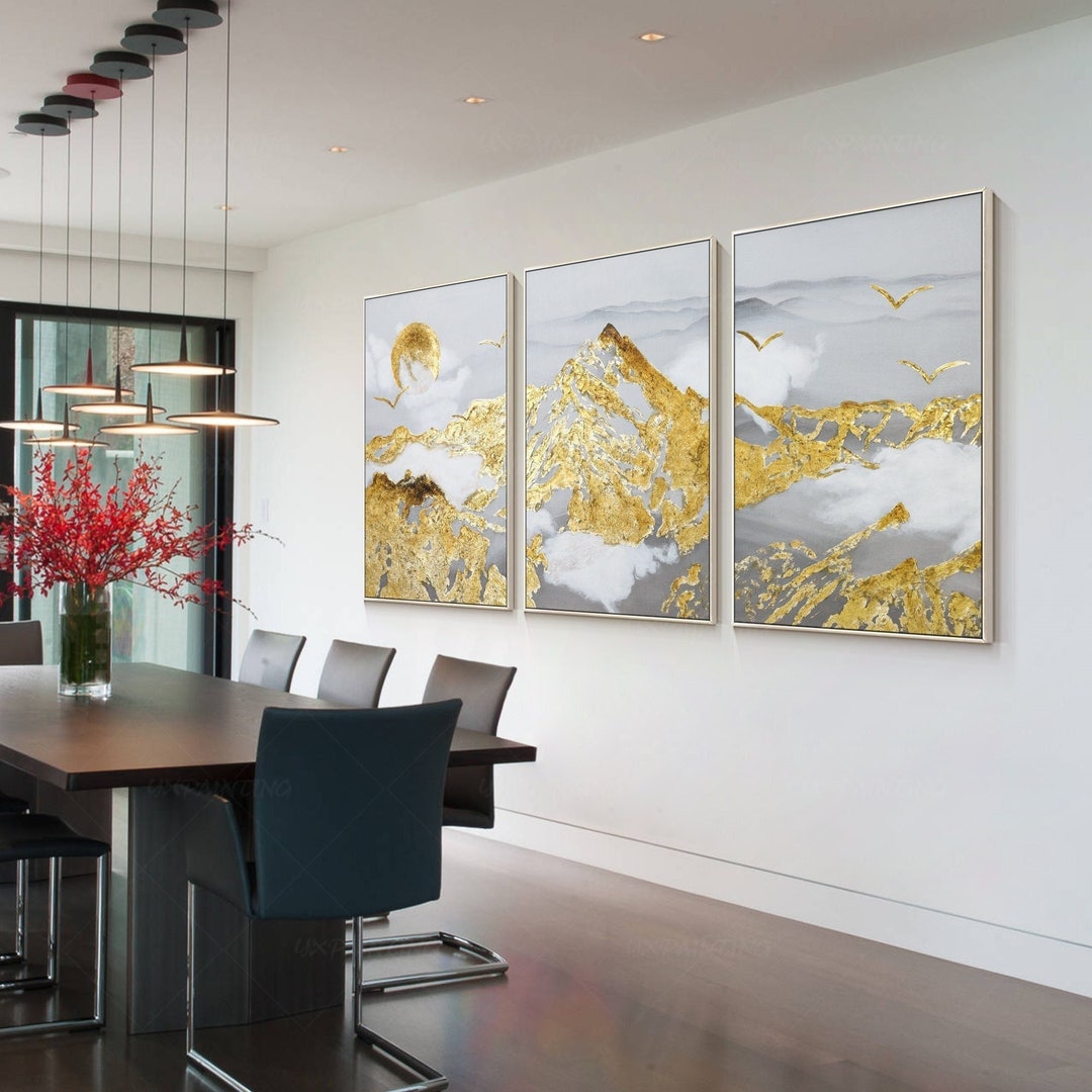 Gold Leaf Mountain Painting Set: Abstract Landscape Framed Canvas Art ...