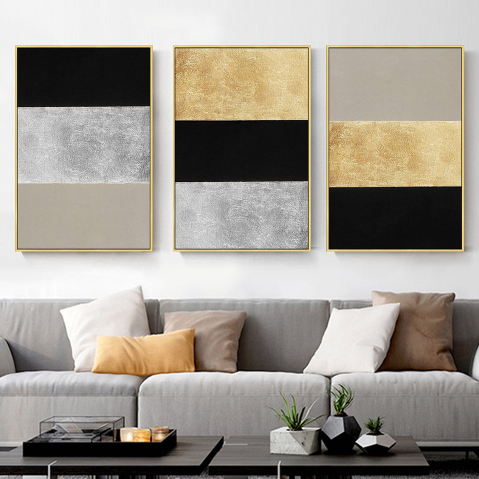 Set of 3 Wall Art Gold Art and Silver Art Abstract Acrylic Paintings on ... - Geometric Silver Wall Decor