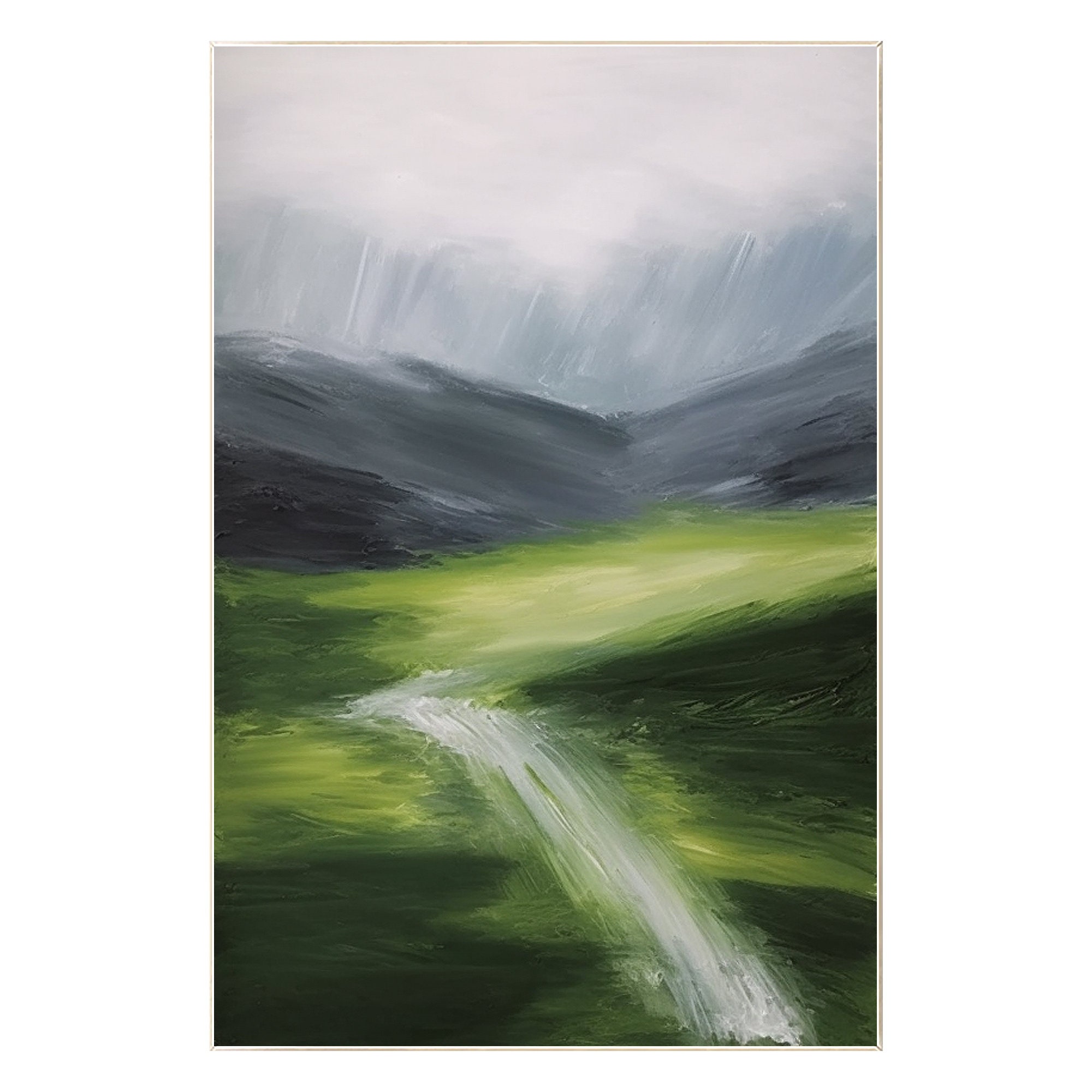 Green Textured Mountain River Wall Art Abstract Painting on Canvas ...