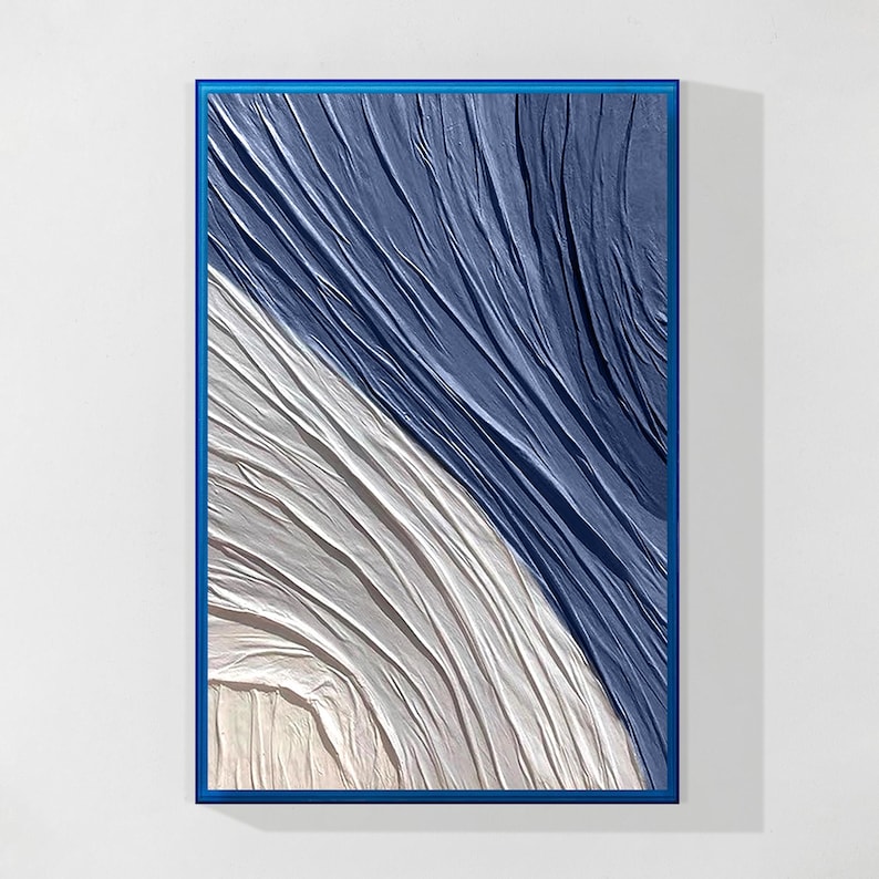 Navy Blau 3D Struktur Wandkunst, Minimalistische Vertikale Leinwand, Übergroße Blaue Wanddeko, Abstrakte Küstenmalerei acrylic frame