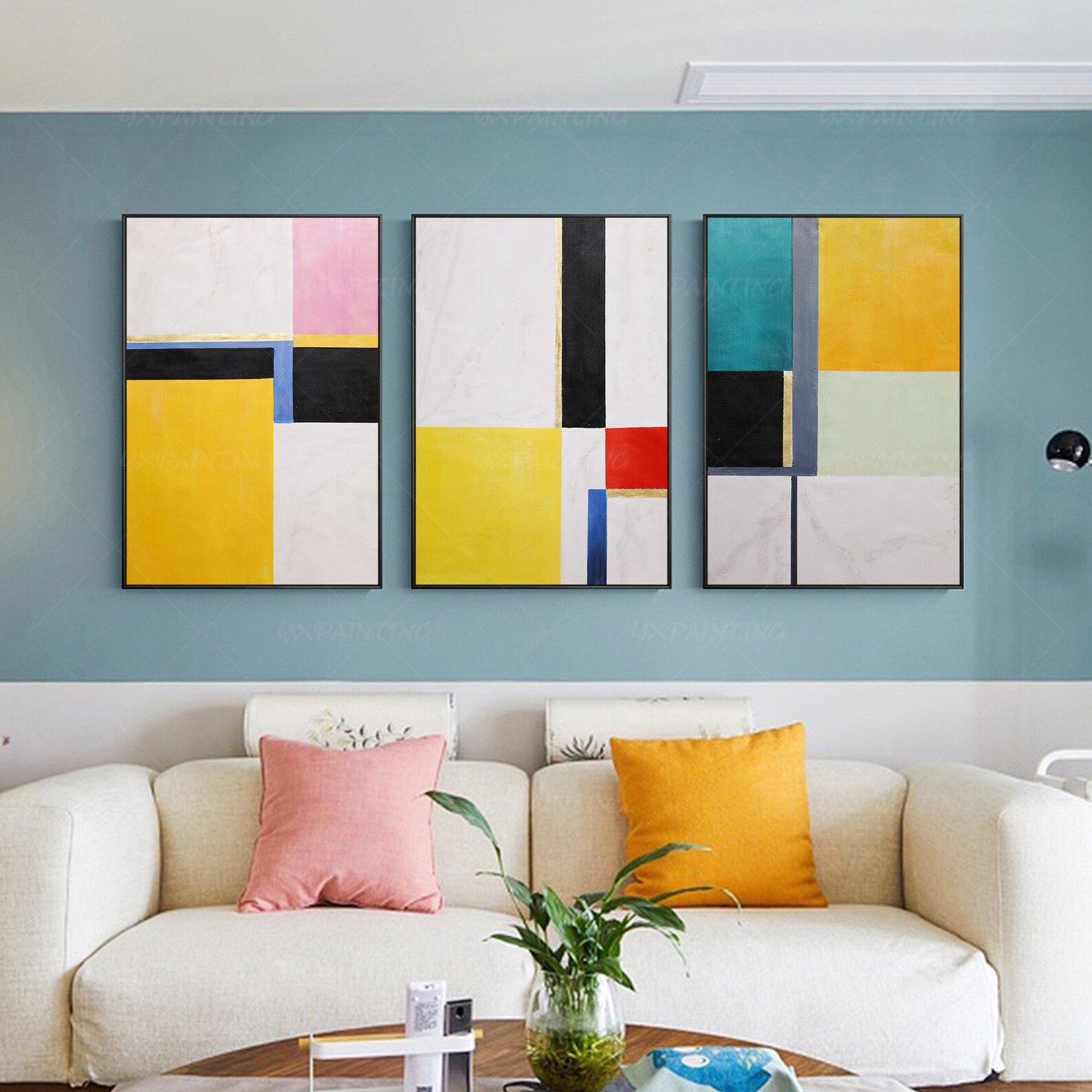 Framed Painting Set of 3 Wall Art Gold Art Yellow Abstract Etsy