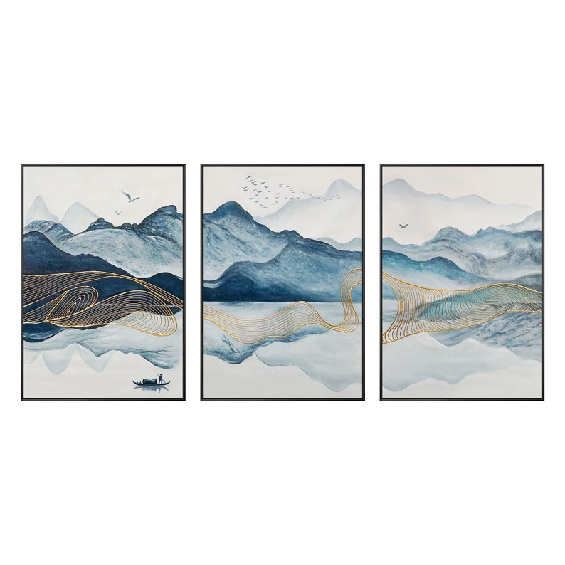 Teal Gold Line Mountain Set of 3 Oriental Watercolor Abstract - Etsy