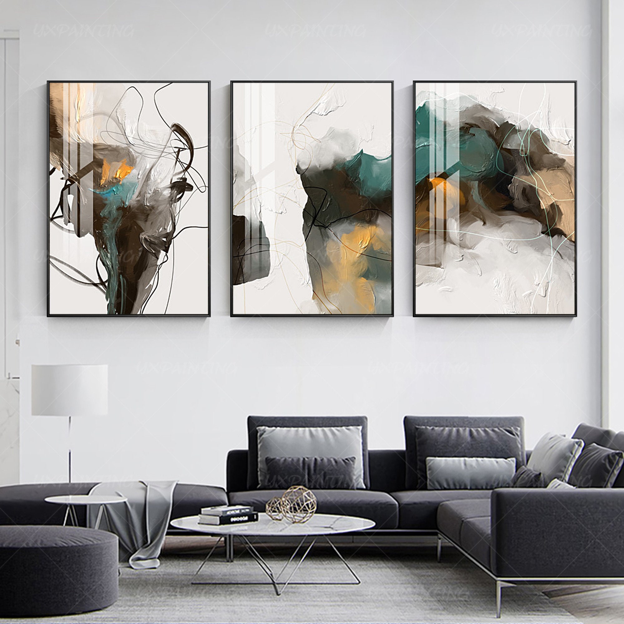 Brown Gray Abstract Shapes Lines for Living Room- 3 Piece Set on Canvas Print IDEA4WALL Size: 36 H x 72 W, Format: Black Plastic Framed