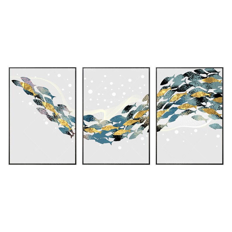 Framed Wall Art Set of 3 Wall Art Gold Fishes Ocean Sea Blue Etsy