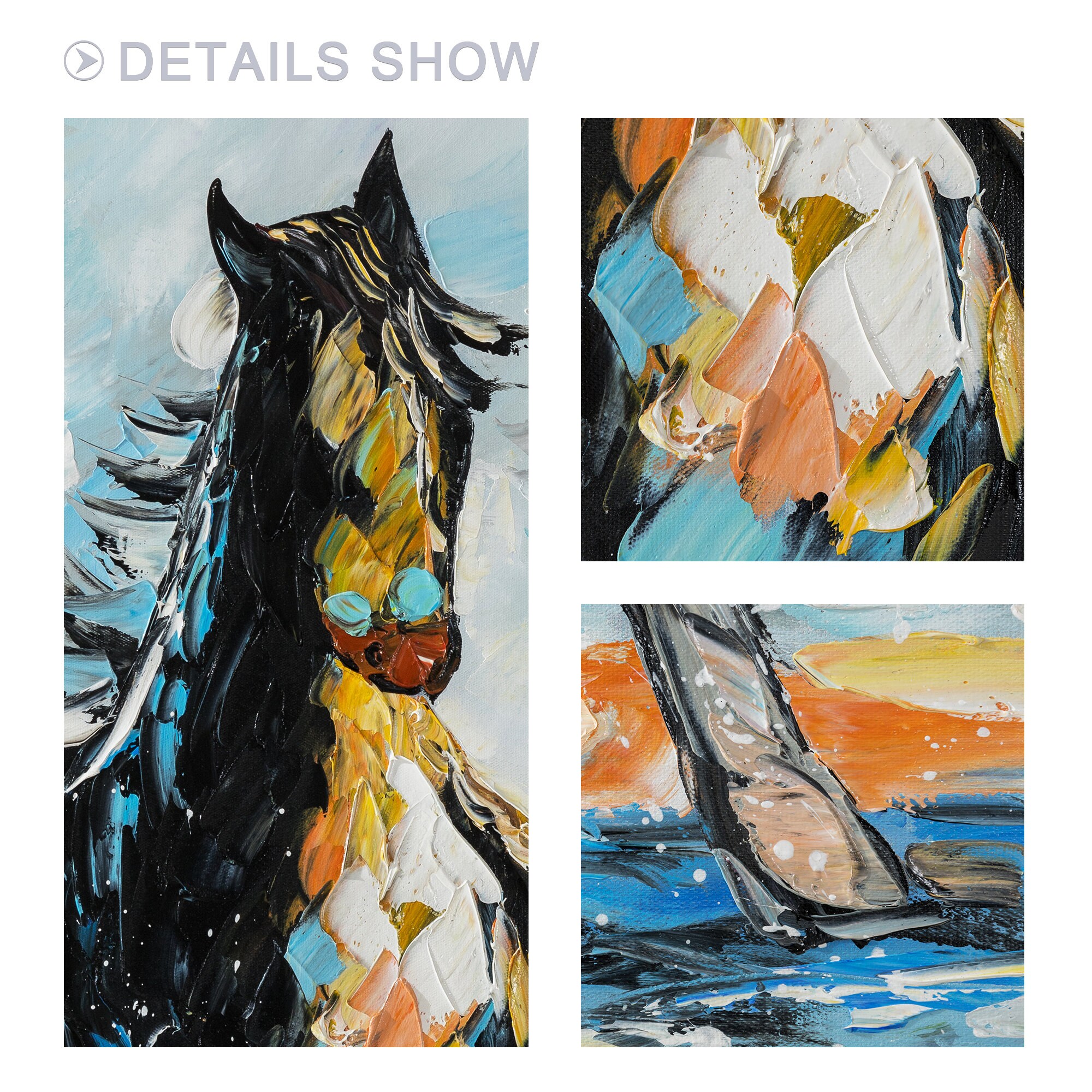HORSE 油絵アート 馬の絵画 ライトブルー ブラック ホース オリジナル 抽象的