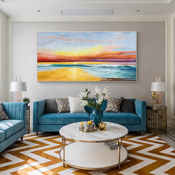 Quadro Su Tela 'Onde Dell'Alba' - Paesaggio Marino Astratto, 70x140 Cm, Senza Cornice, Per Soggiorno O Camera