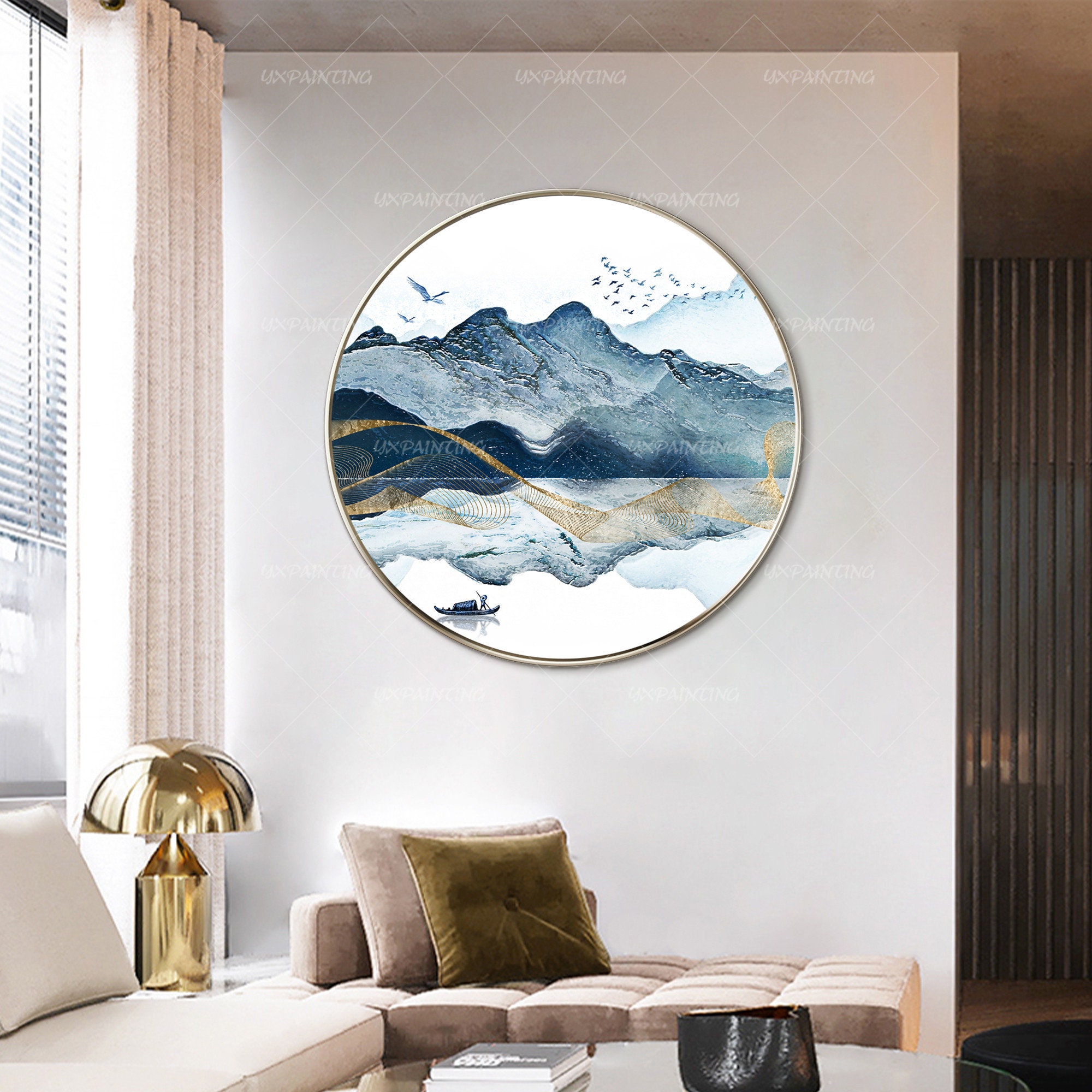 Printable Wall Art Round Framed Prints Abstract Mountain Lake Etsy