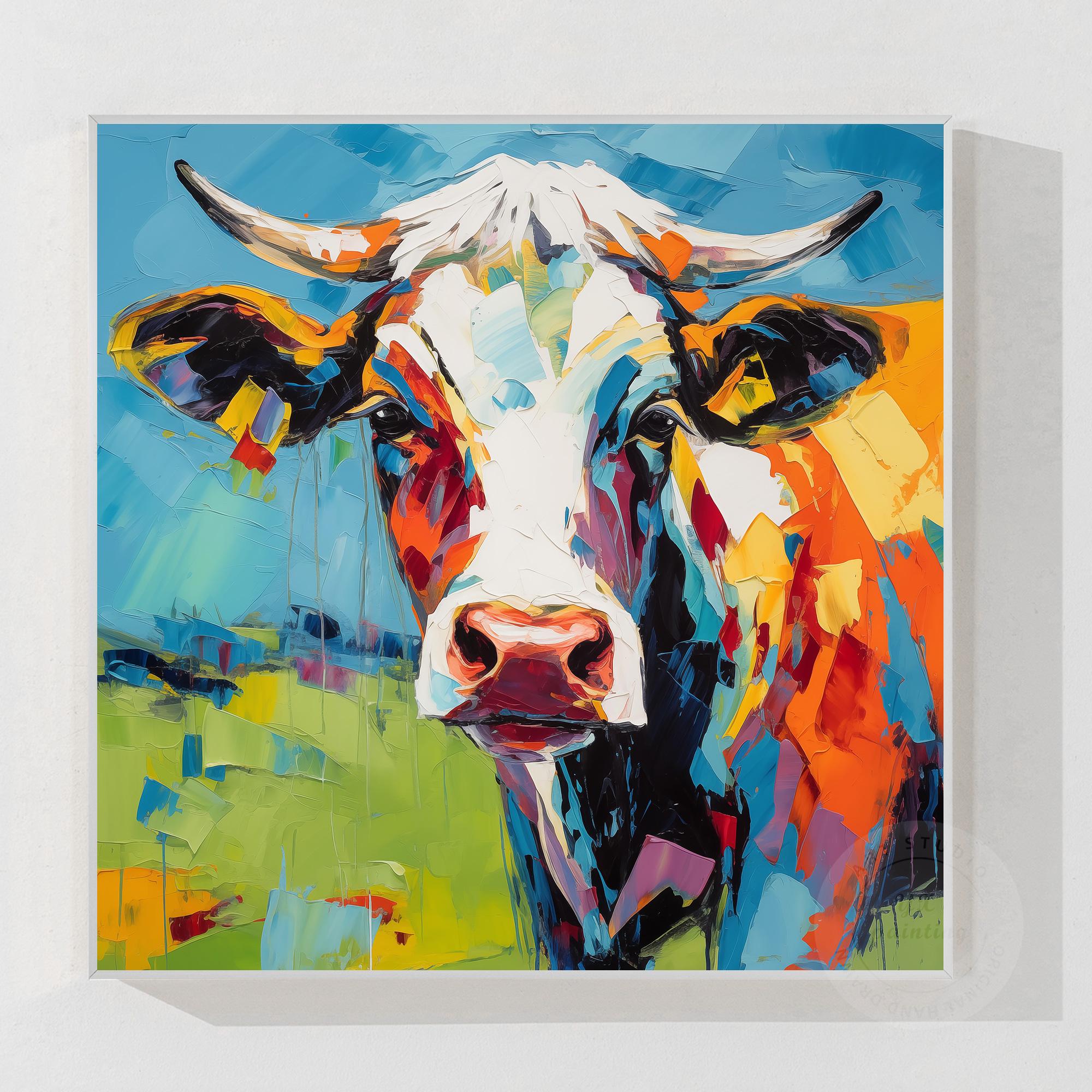 カラフルな質感の牛の絵画、キャンバスに描かれたオリジナルの油絵