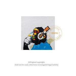 May include: A colorful painting of a monkey wearing headphones and a blue shirt. The monkey is holding a cigarette in its mouth. The painting is signed "YXPAINTING" and has a stamp that says "Original Hand Drawn Art Studio 2022".