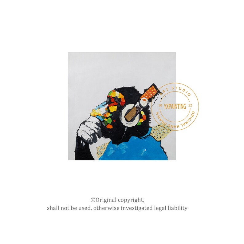 May include: A colorful painting of a monkey wearing headphones and a blue shirt. The monkey is holding a cigarette in its mouth. The painting is signed "YXPAINTING" and has a stamp that says "Original Hand Drawn Art Studio 2022".